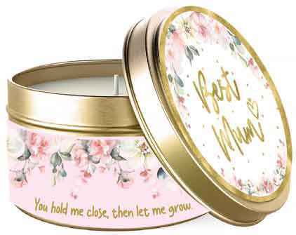 Candle in a decorative tin with floral design and text on a white background