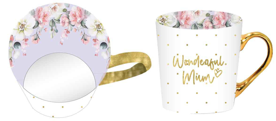 Two mugs with floral designs and 'Wonderful Mum' text on a white background