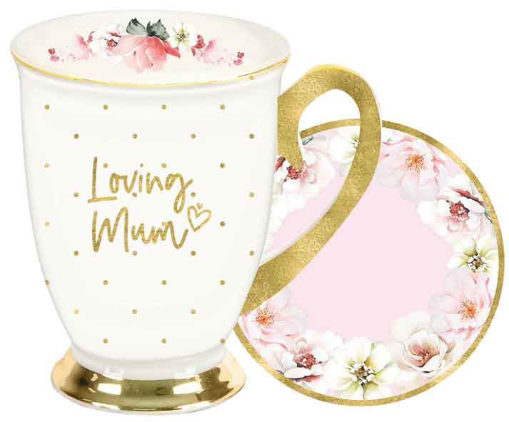 Mug and coaster set with floral design and 'Loving Mum' text on a white background