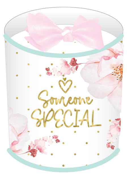 Candle with floral design and 'Someone Special' text on a white background
