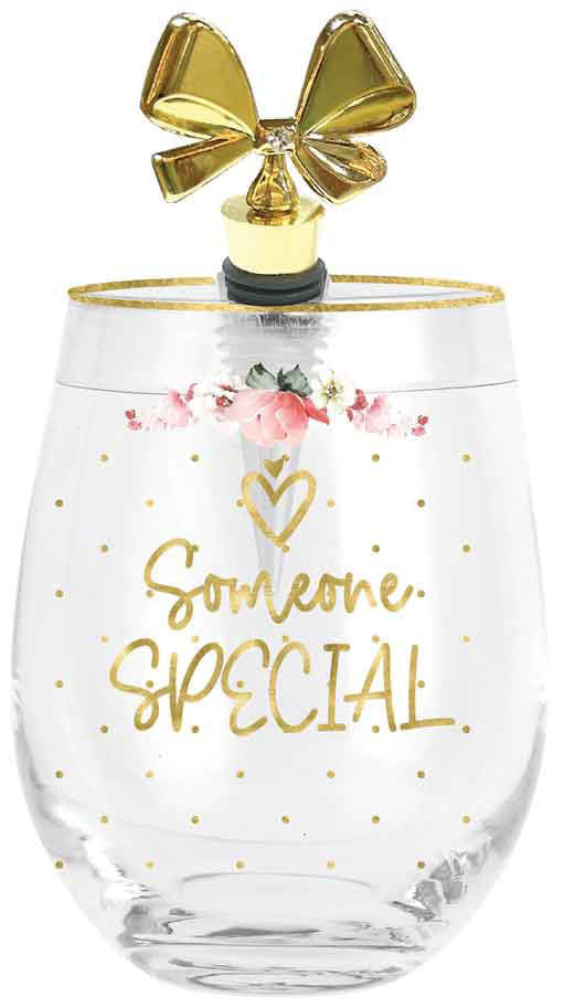 Clear wine glass with gold polka dots, floral designs, and 'Someone Special' text, topped with a gold bow.