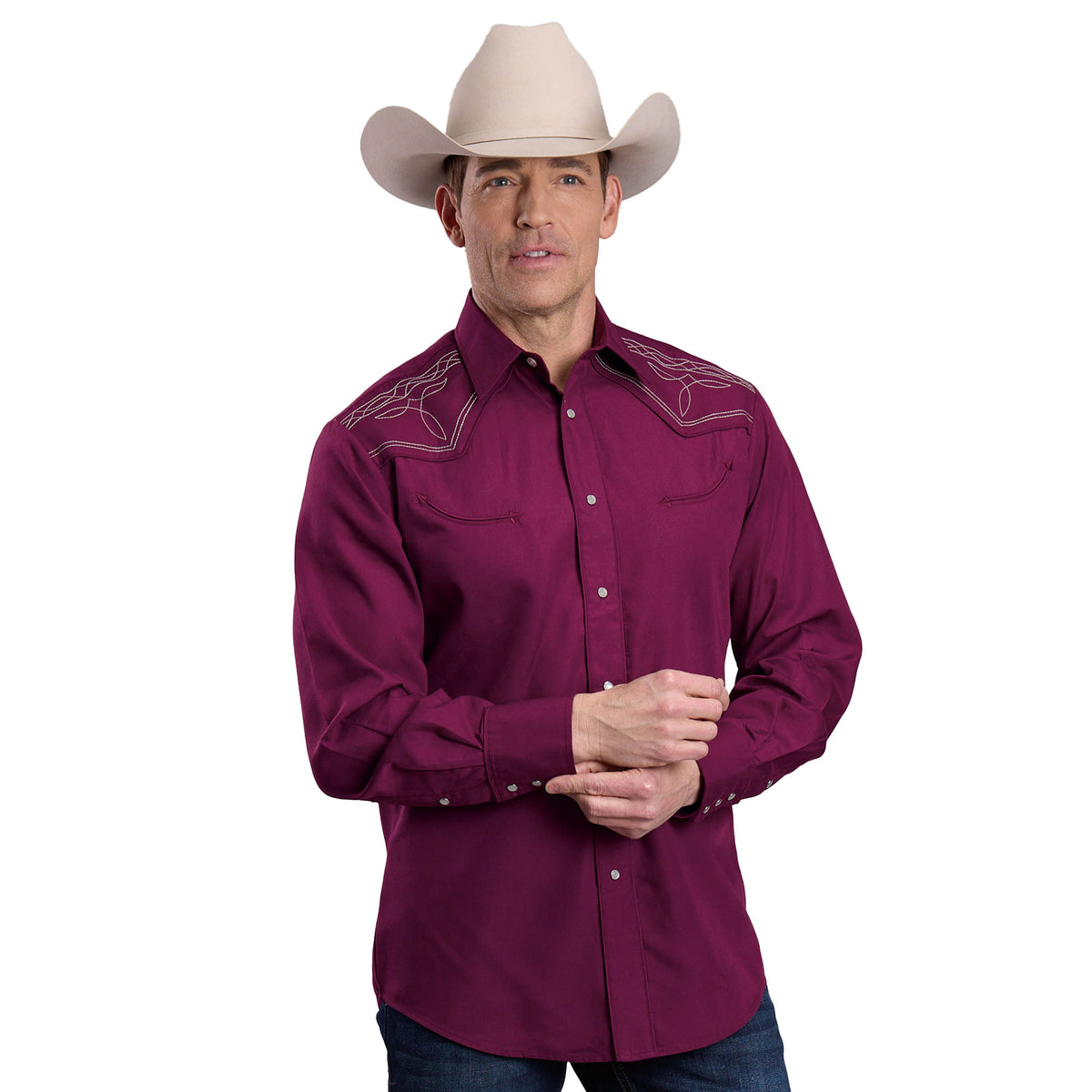 Roper Men's Karman L/S Western Shirt. Man wearing a maroon western-style shirt and cowboy hat on a white background