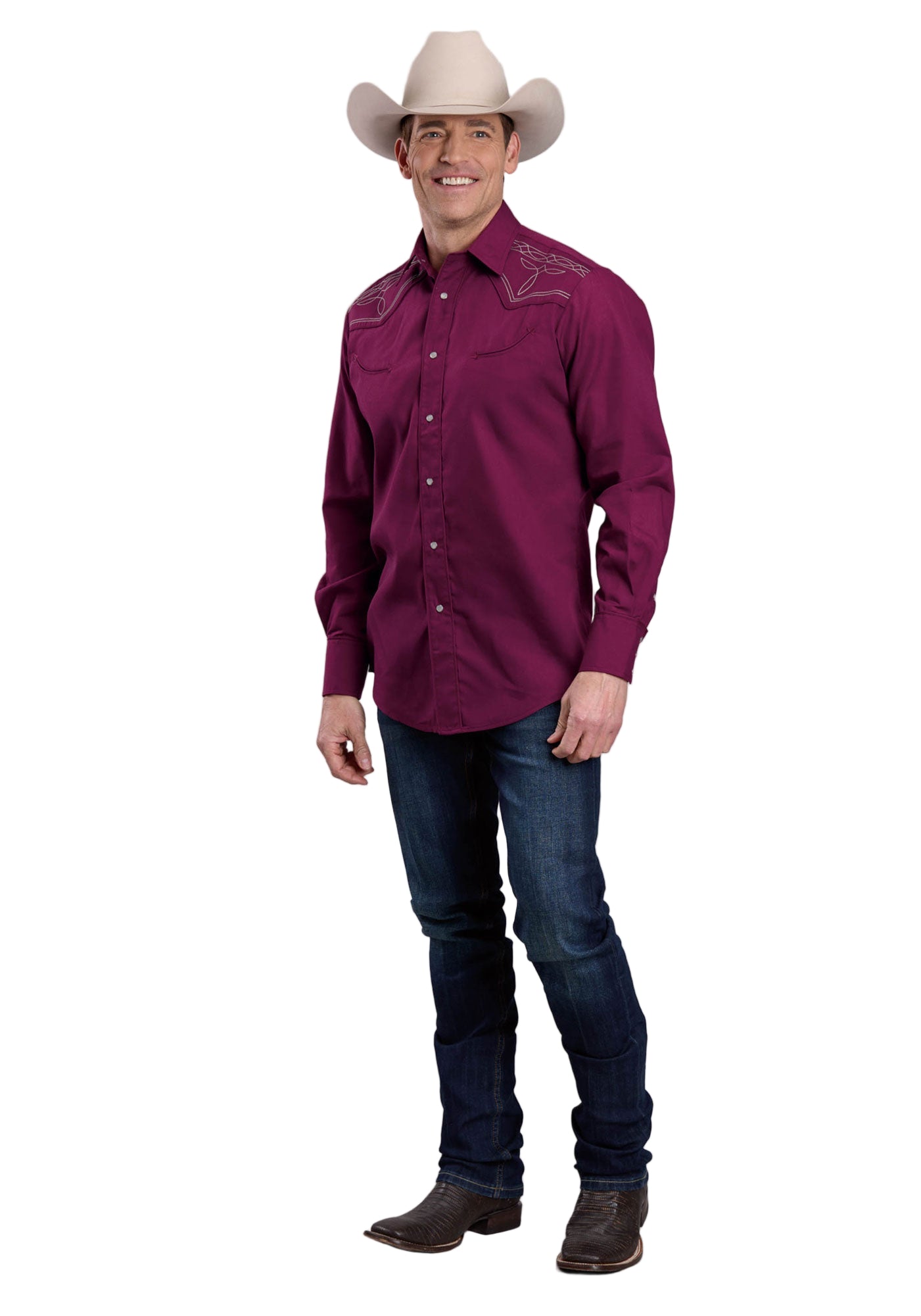 Roper Men's Karman L/S Western Shirt. Man wearing a maroon western-style shirt and cowboy hat on a white background