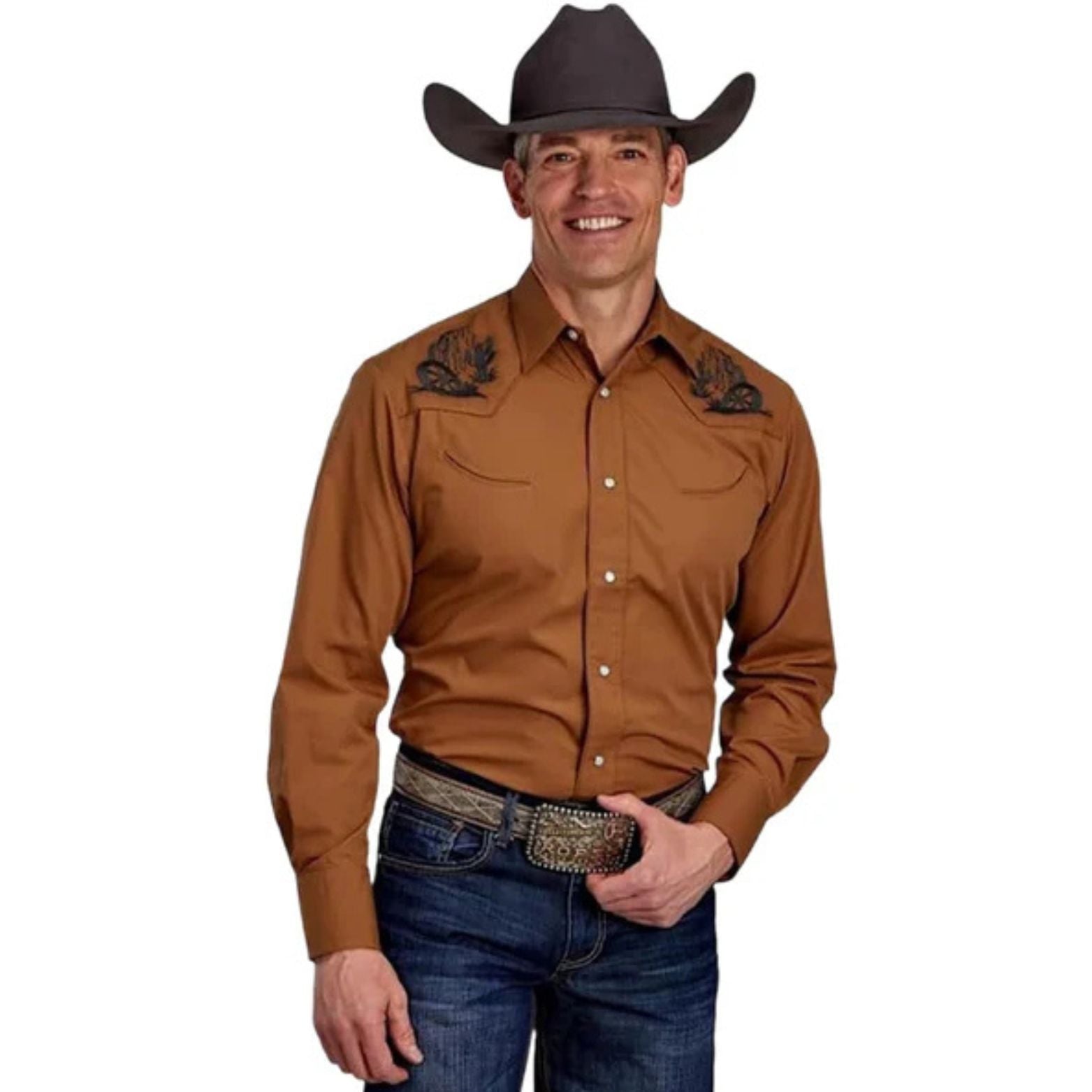 Roper Men's Karmen L/S Western Shirt. A man wearing a brown long-sleeved western shirt with embroidery on the chest area, paired with blue jeans and a cowboy hat.