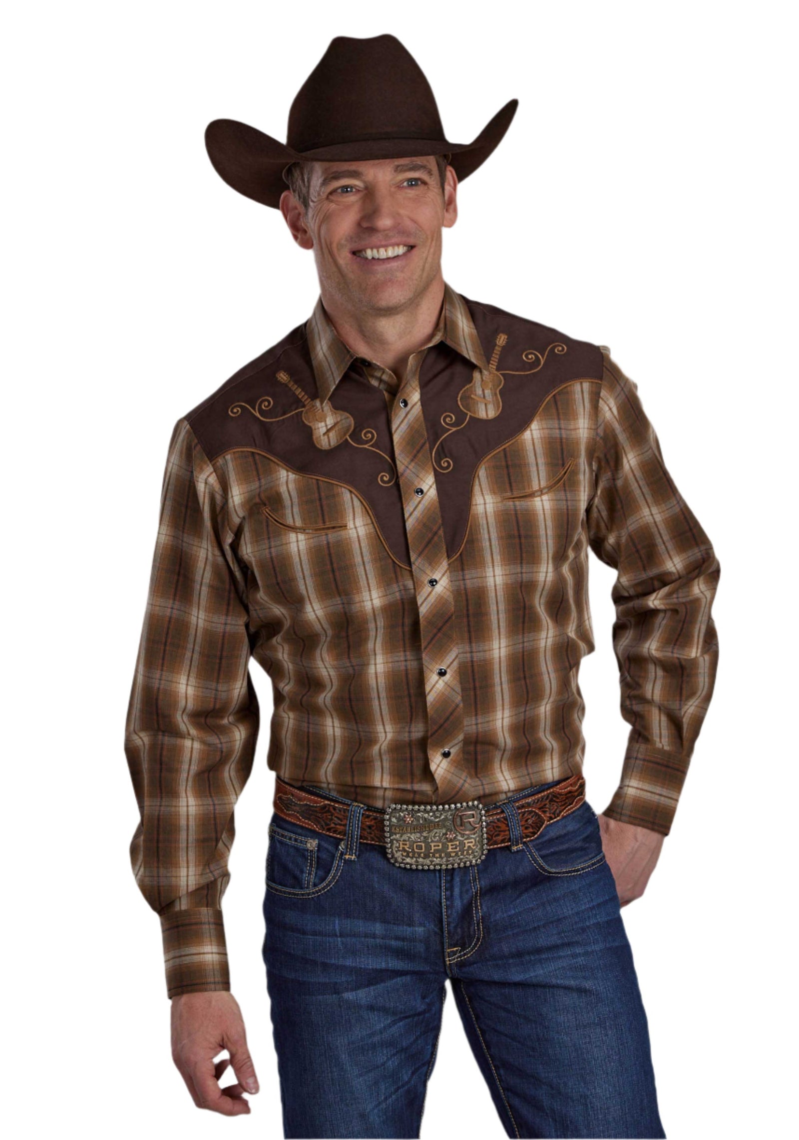 Roper Men's Karman Special L/S Western Shirt. A man wearing a brown western shirt with a square toe and a visible brand logo on the yoke, paired with blue jeans.