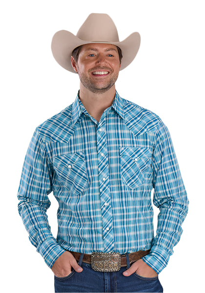 Roper Men's West Made L/S Western Shirt. Man wearing a blue plaid shirt, beige cowboy hat, and jeans on a white background