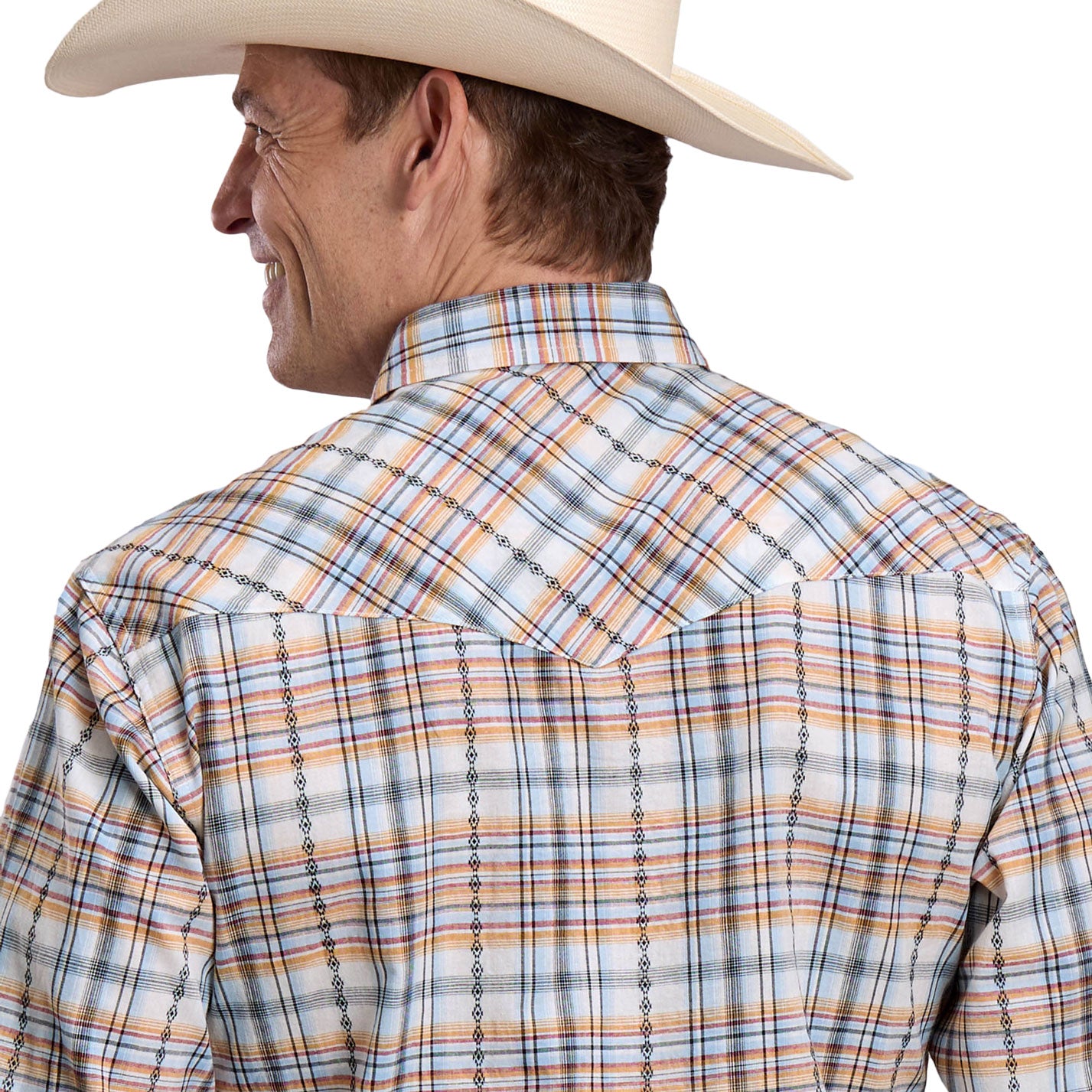 Man wearing a plaid shirt and cowboy hat on a white background