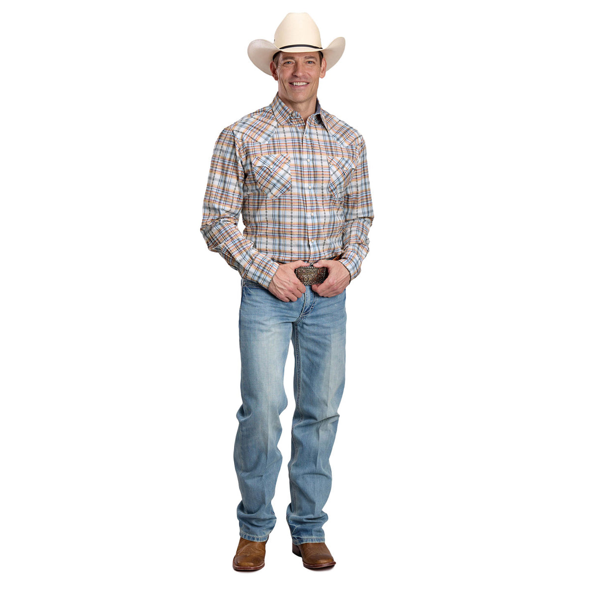Man wearing a plaid shirt, jeans, and a cowboy hat on a white background