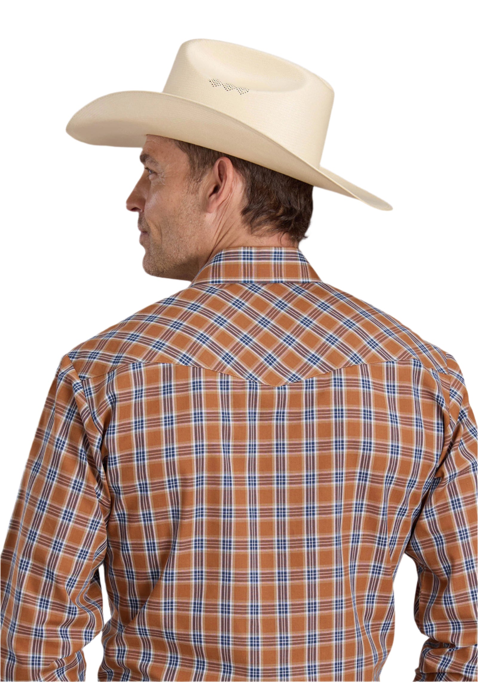 Roper Men's Karman L/S Western Shirt. A man wearing a white cowboy hat and a long-sleeved plaid western shirt in orange, blue, and white colors, with blue jeans and a belt.