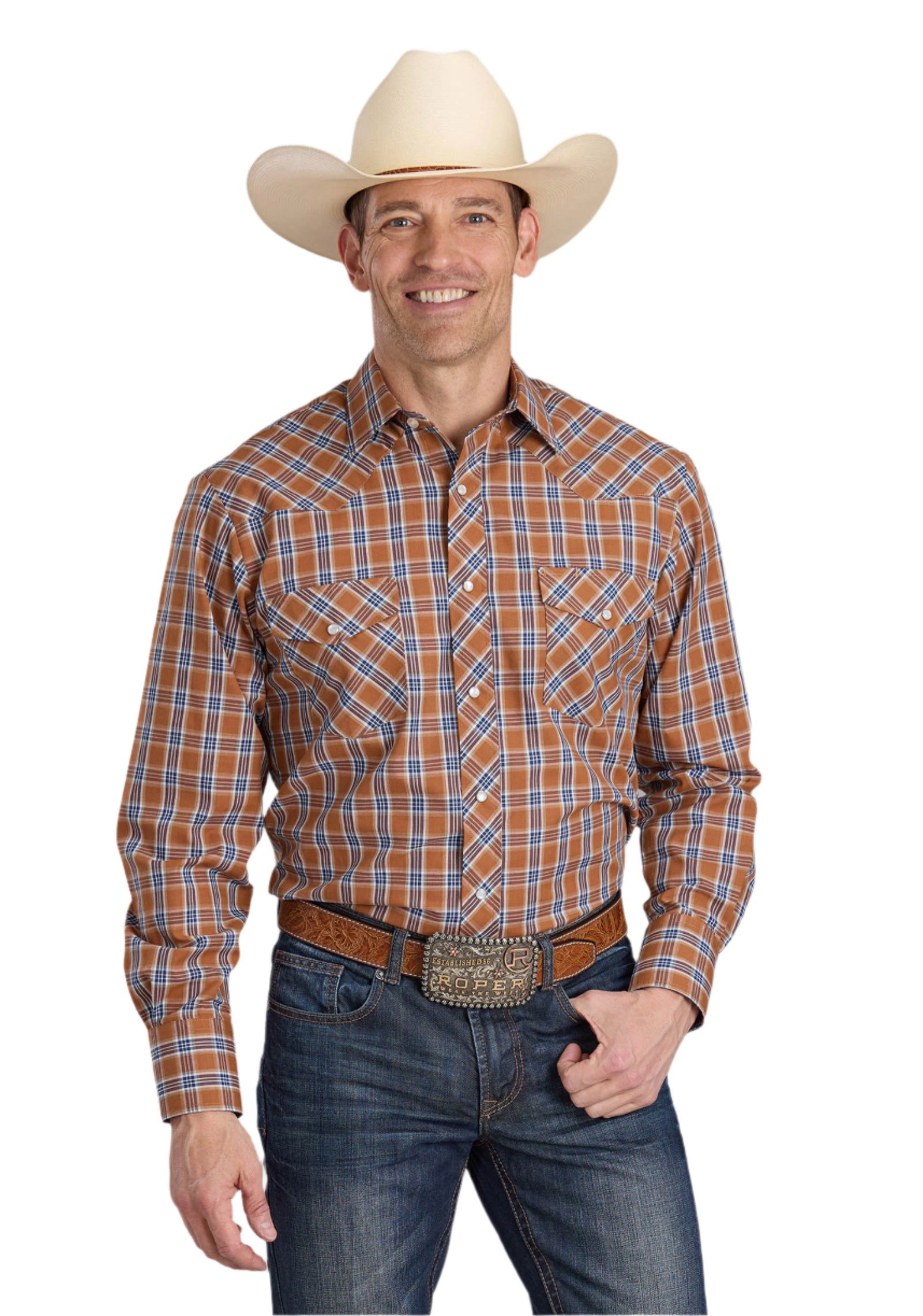 Roper Men's Karman L/S Western Shirt. A man wearing a white cowboy hat and a long-sleeved plaid western shirt in orange, blue, and white colors, with blue jeans and a belt.