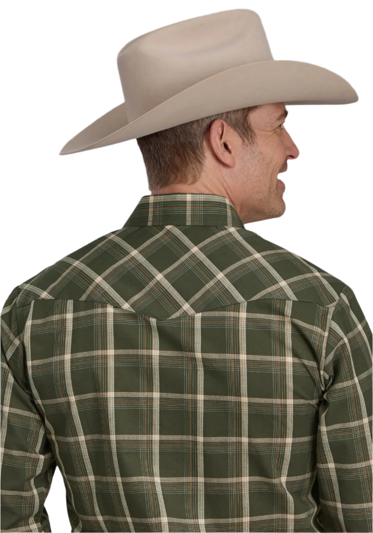Roper Men's Karmen L/S Western Shirt. A man wearing a long-sleeved plaid western shirt with patch pockets, in colors olive, cream, and orange, paired with a cowboy hat and jeans.