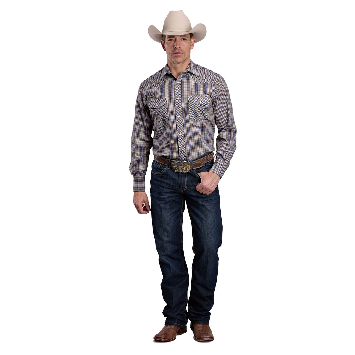 A man modeling a western outfit consisting of a gray and white checkered long-sleeve shirt, dark blue jeans, a brown belt, and a beige cowboy hat, set against a plain white background.