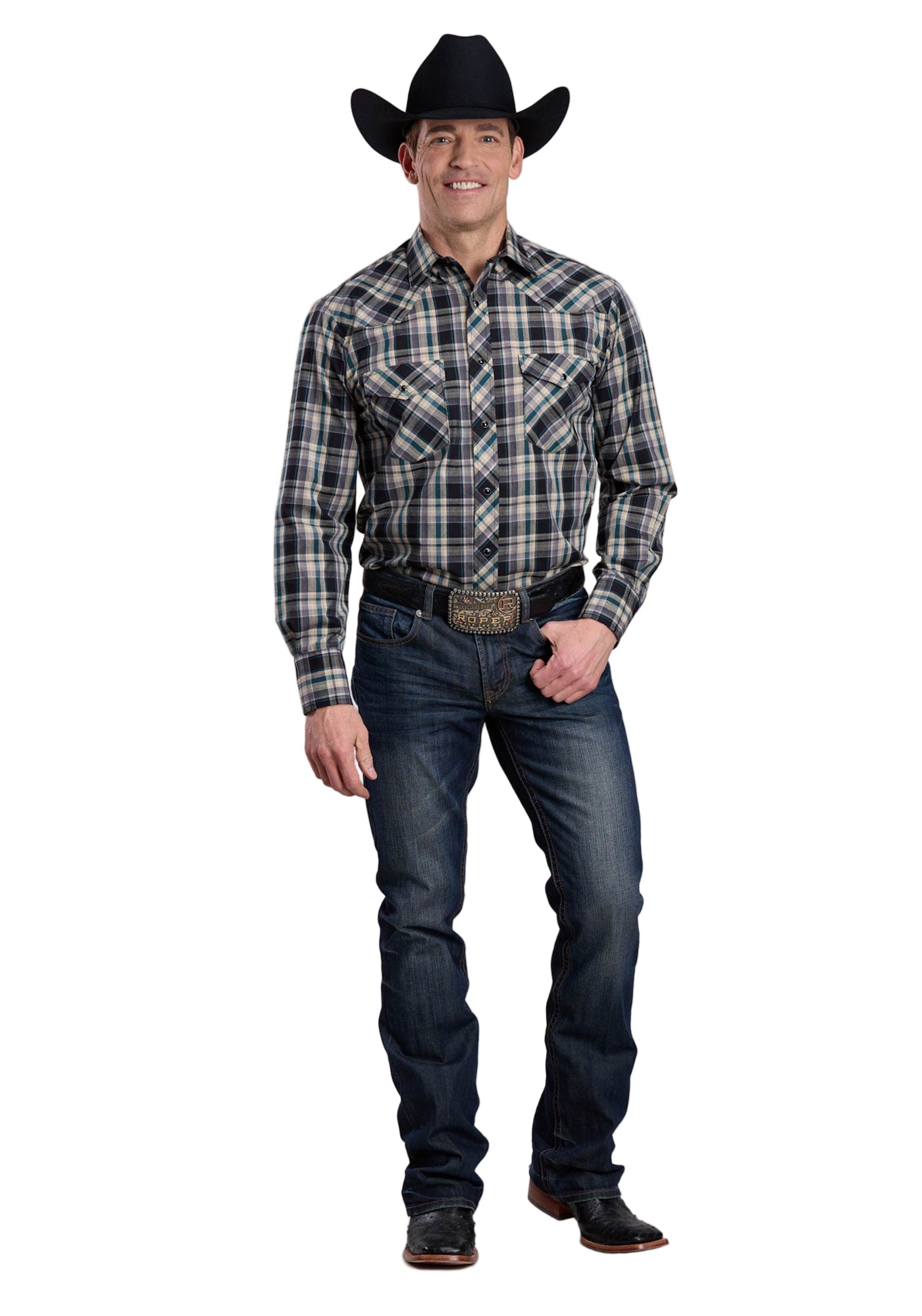 Roper Men's Karman L/S Western Shirt. Man wearing a plaid shirt, jeans, and a cowboy hat on a white background