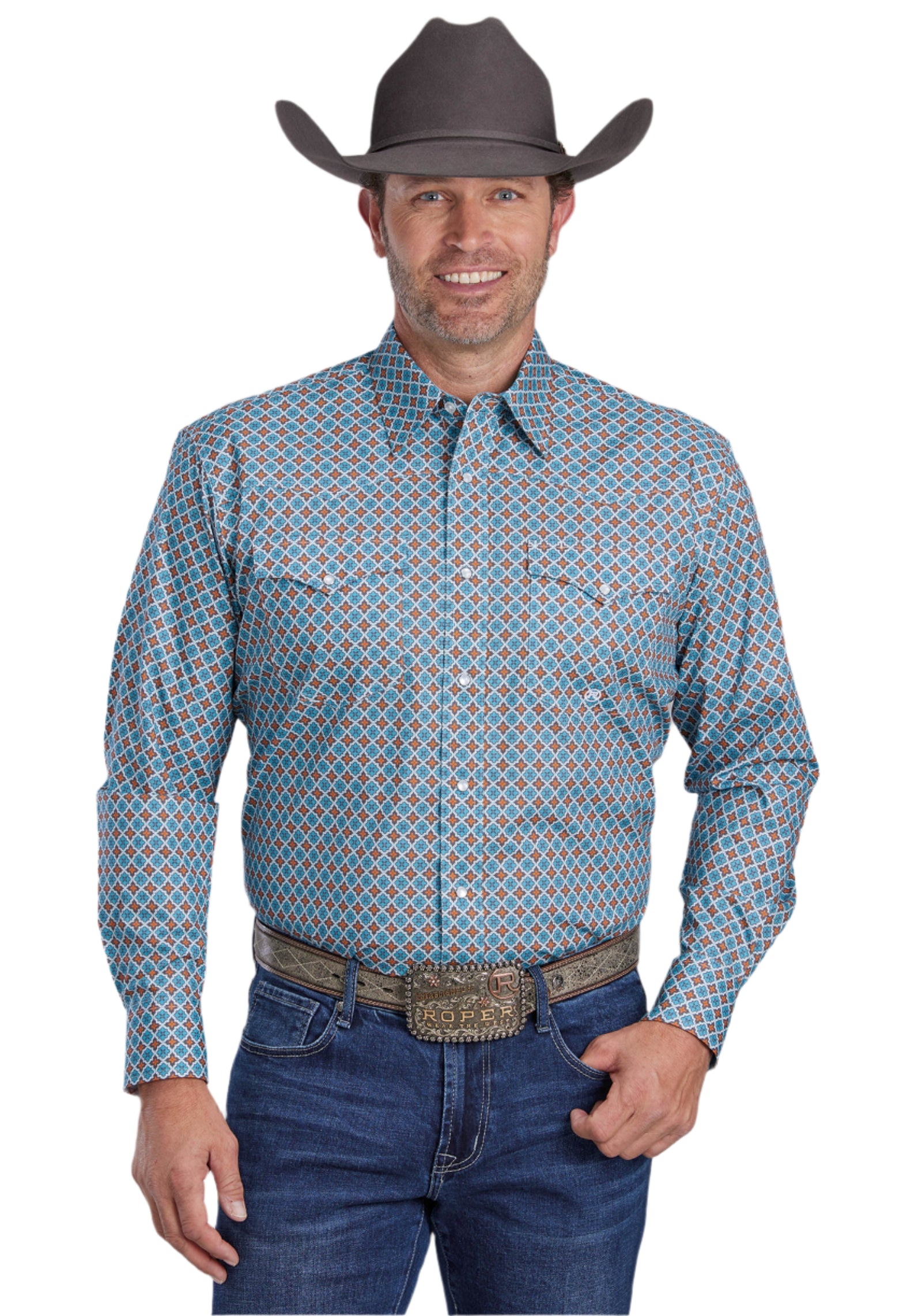 Roper Men's Amarillo Collection L/S Western Shirt. A man wearing a long-sleeved geometric patterned western shirt with snap buttons, blue jeans, and a cowboy hat.