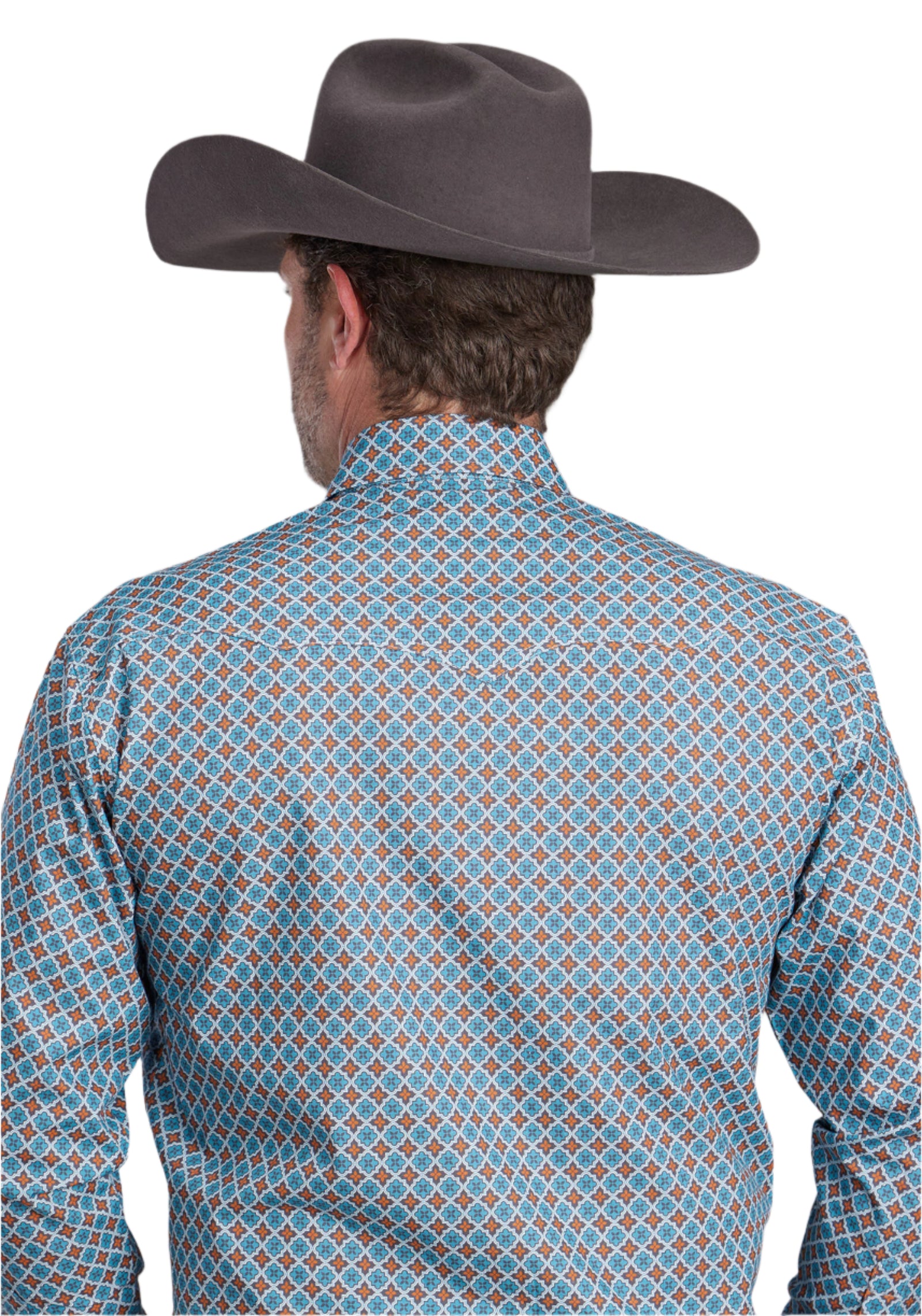 Roper Men's Amarillo Collection L/S Western Shirt. A man wearing a long-sleeved geometric patterned western shirt with snap buttons, blue jeans, and a cowboy hat.