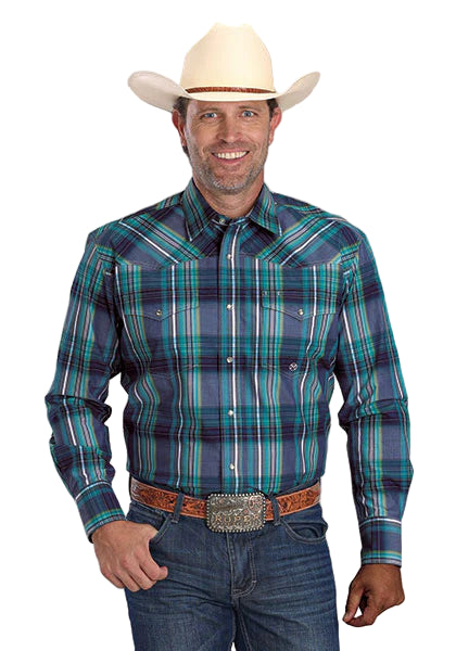 Roper Men's Amarillo L/S Western Shirt. Man wearing a plaid shirt, jeans, and a cowboy hat on a gray background
