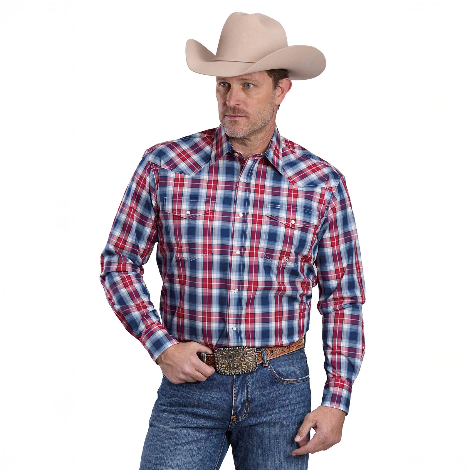 Man wearing a red and blue plaid shirt, blue jeans, and a beige cowboy hat on a white background