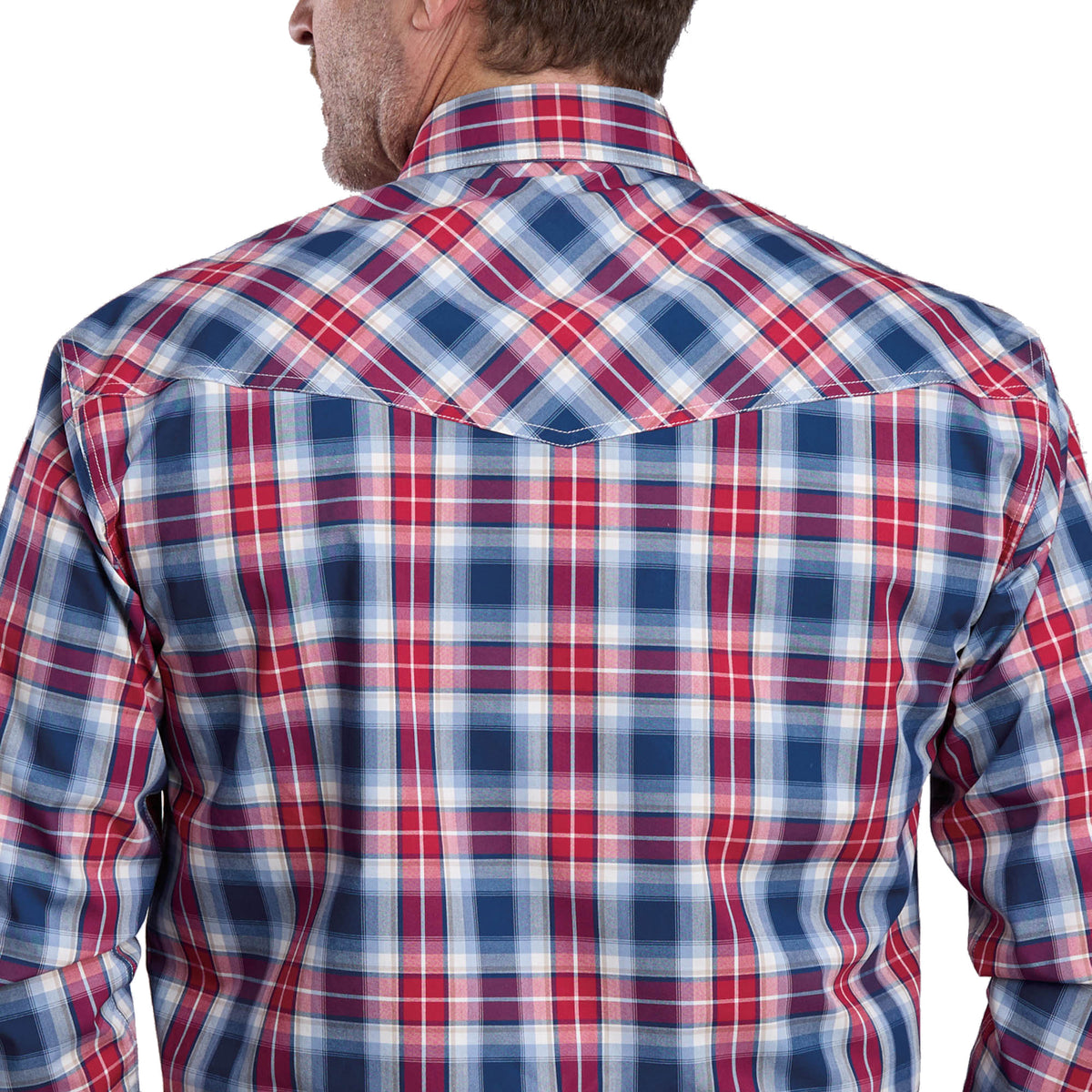 Red, blue, and white plaid shirt worn by a person on a white background