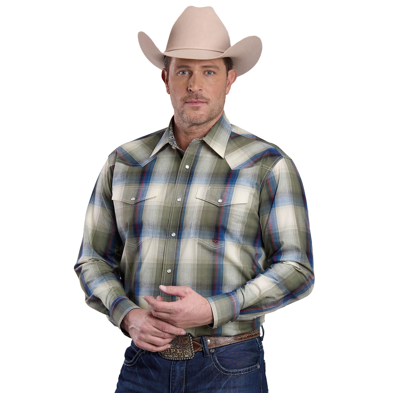 Roper Men's Amarillo L/S Western Shirt. Man wearing a plaid shirt, cowboy hat, and jeans on a white background