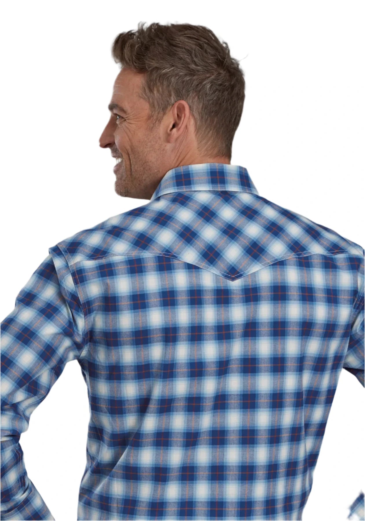 Roper Men's Amarillo Collection Plaid L/S Western Shirt. A man wearing a Roper Men's Amarillo Collection Plaid L/S Western Shirt with a blue and white checkered pattern, featuring a collar, long sleeves, and front pockets.