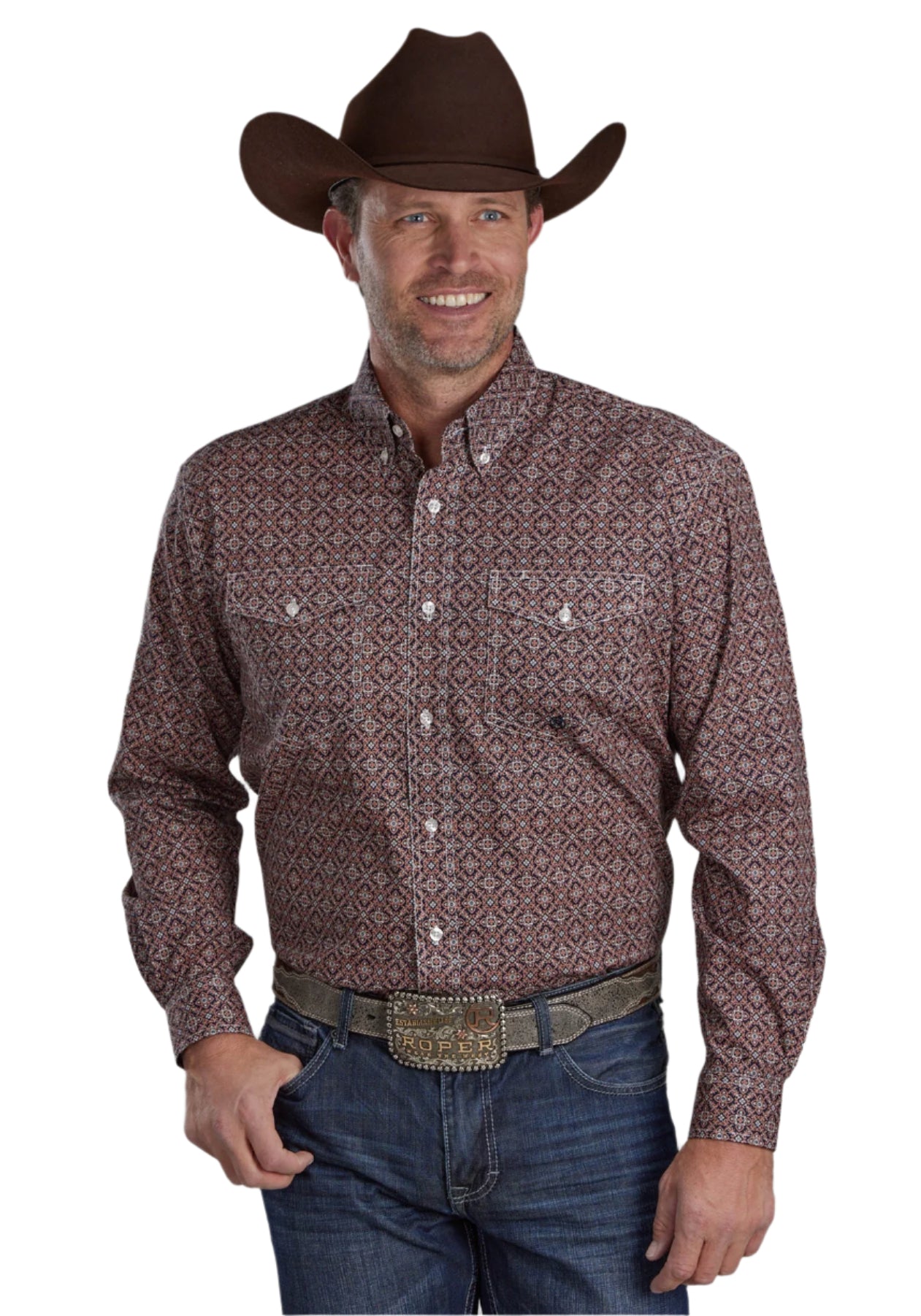 Roper Men's Amarillo L/S Western Shirt. A man wearing a brown western shirt with long sleeves and a button-down front, paired with blue jeans.