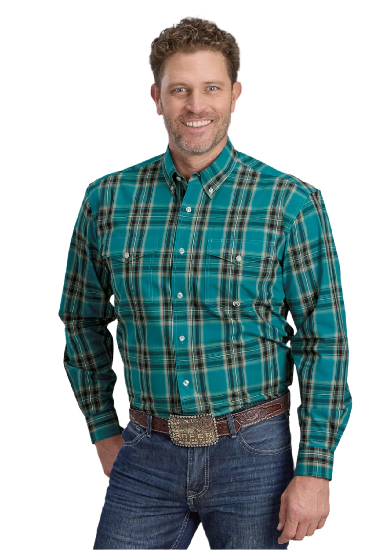 Roper Men's Amarillo L/S Western Shirt. A man wearing a long-sleeved plaid western shirt in shades of blue and green with a button-down collar.