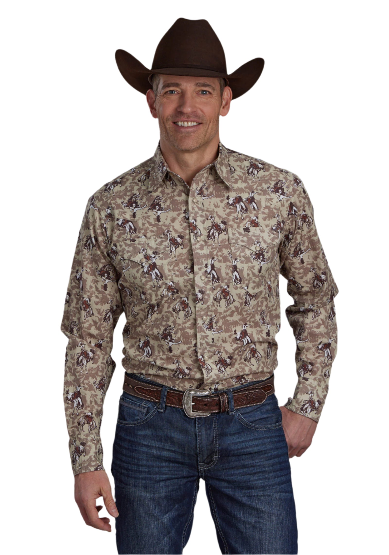 Roper Men's Vintage L/S Western Shirt. A man wearing a brown western shirt with a animal pattern and a brown cowboy hat.