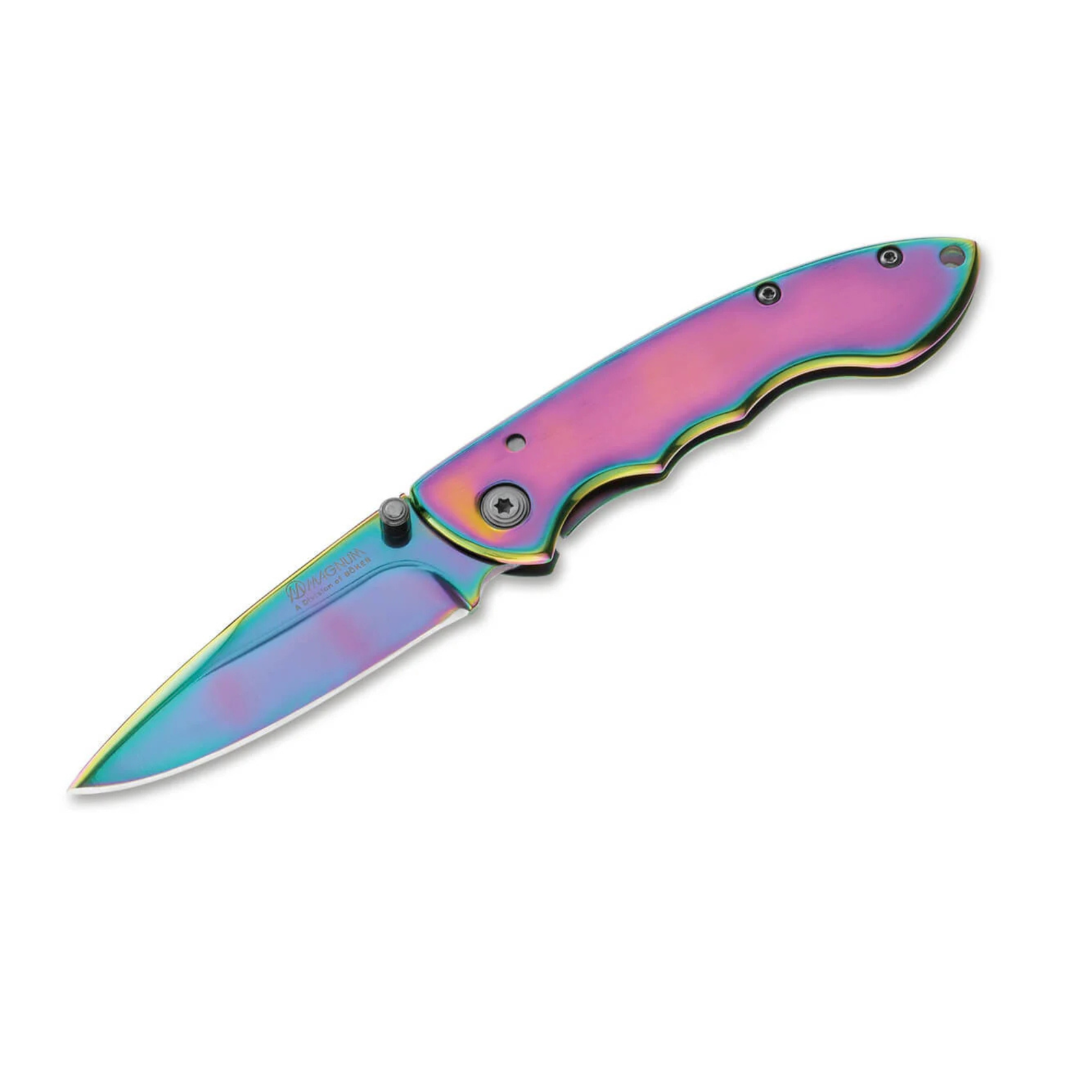 Boker Magnum Blaze Pocket Knife. Multicolored folding knife on a white background