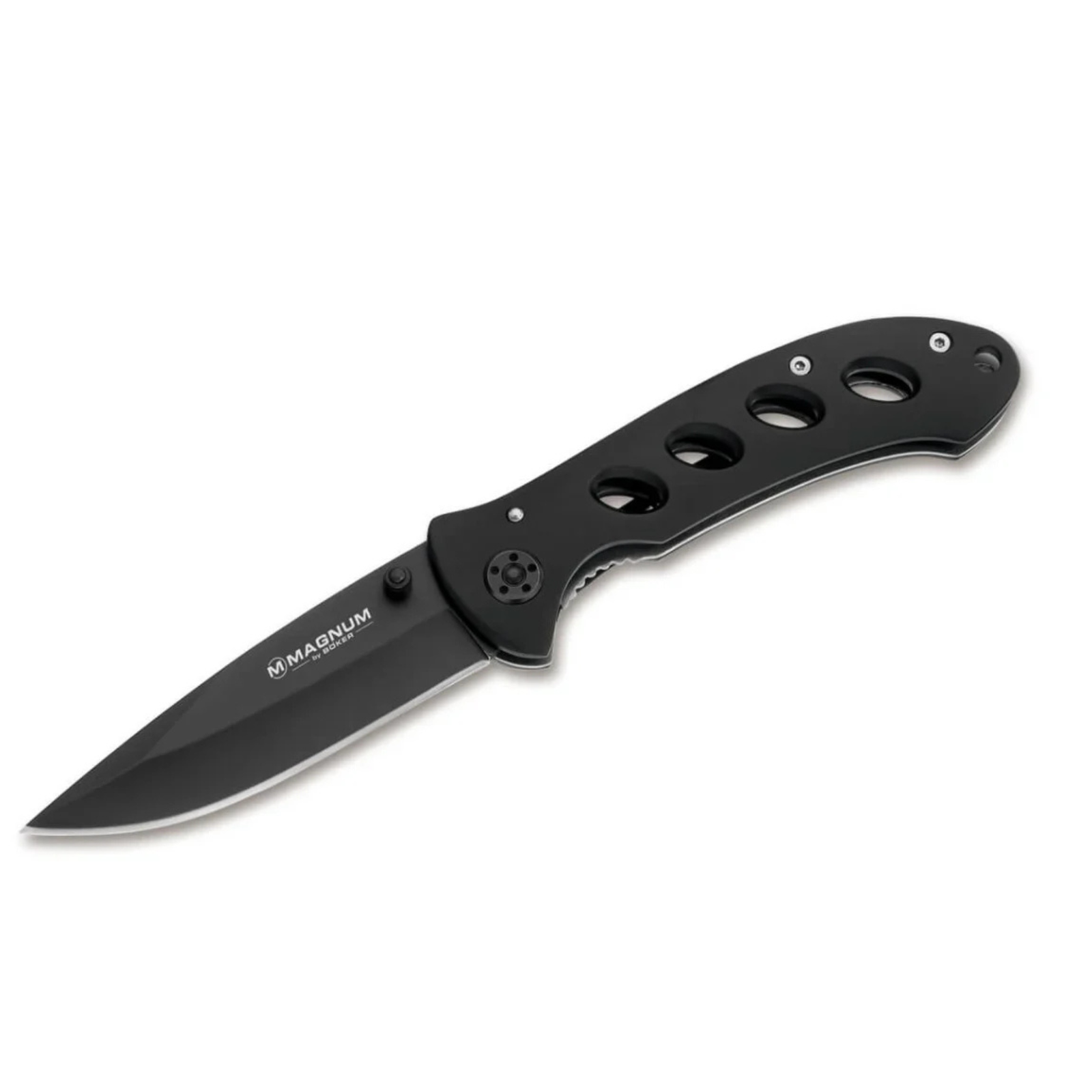 Boker Magnum Shadow Pocket Knife. Black folding knife with 'Magnum' branding on a white background