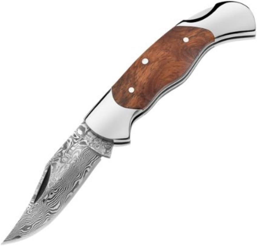 Boker Magnum Damascus Pocket Knife. Decorative knife with wooden handle and silver blade on a white background