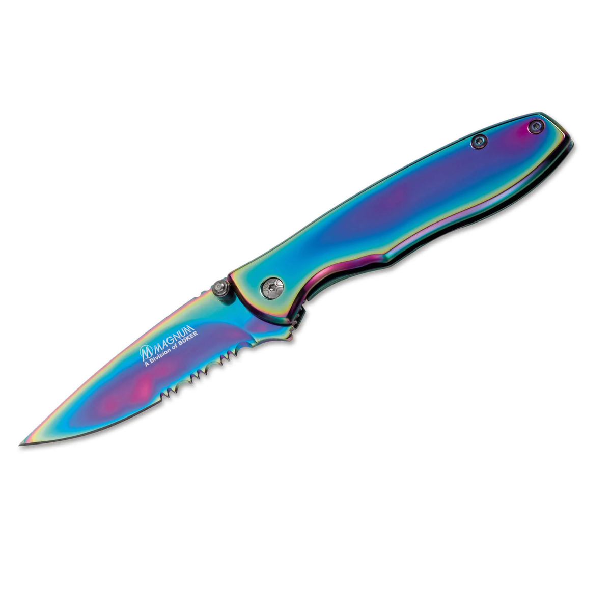 Magnum Rainbow II Boker Knife. Multicolored folding knife on a white background
