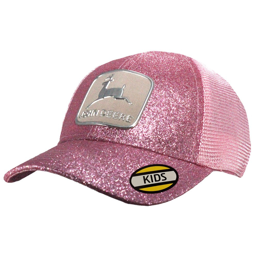 John Deere Toddler-Vintage Logo Glitter Mesh Trucker Cap. Pink glittery cap with a logo and 'KIDS' patch on a white background