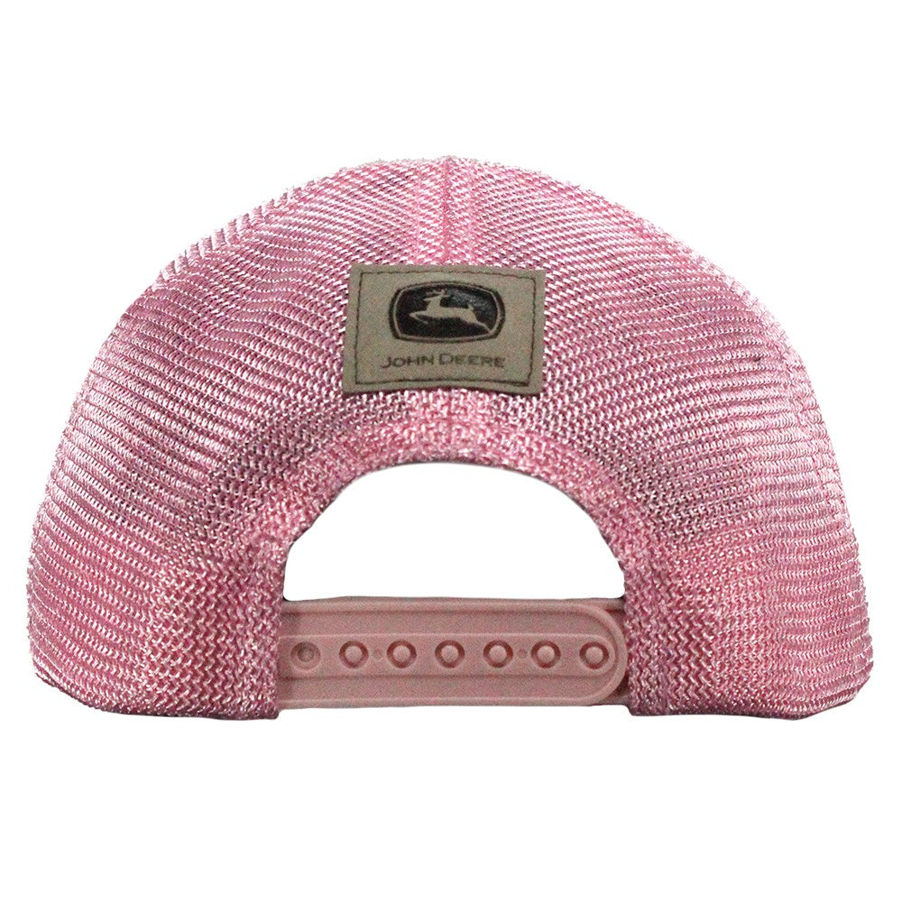 John Deere Toddler-Vintage Logo Glitter Mesh Trucker Cap. Pink glittery cap with a logo and 'KIDS' patch on a white background