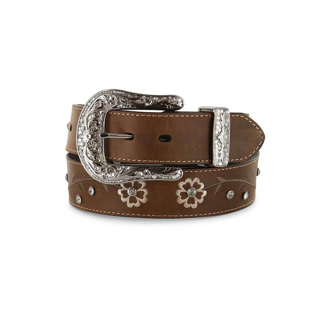 Brown leather belt with floral designs and a silver buckle on a white background