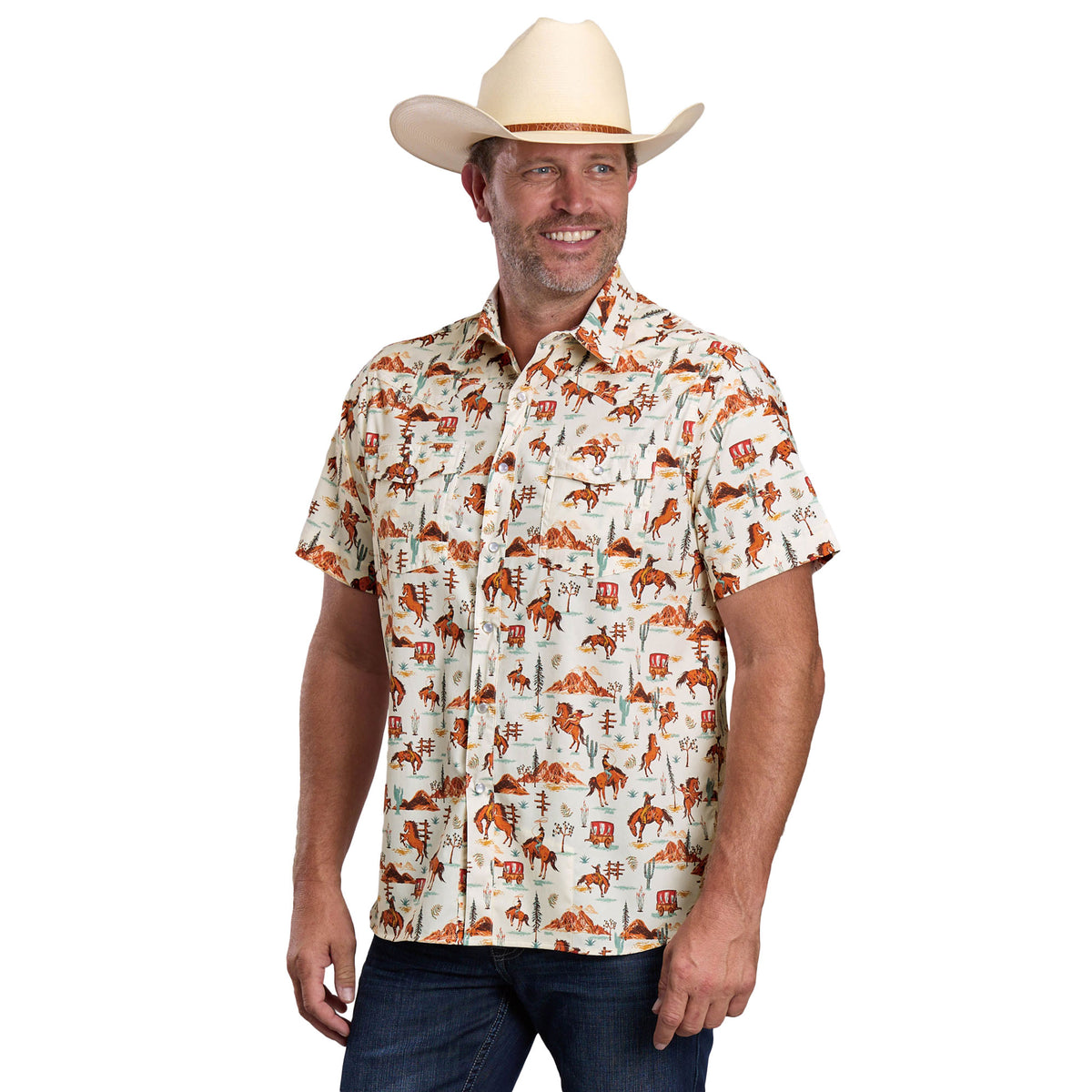 Man wearing a patterned shirt and cowboy hat on a white background