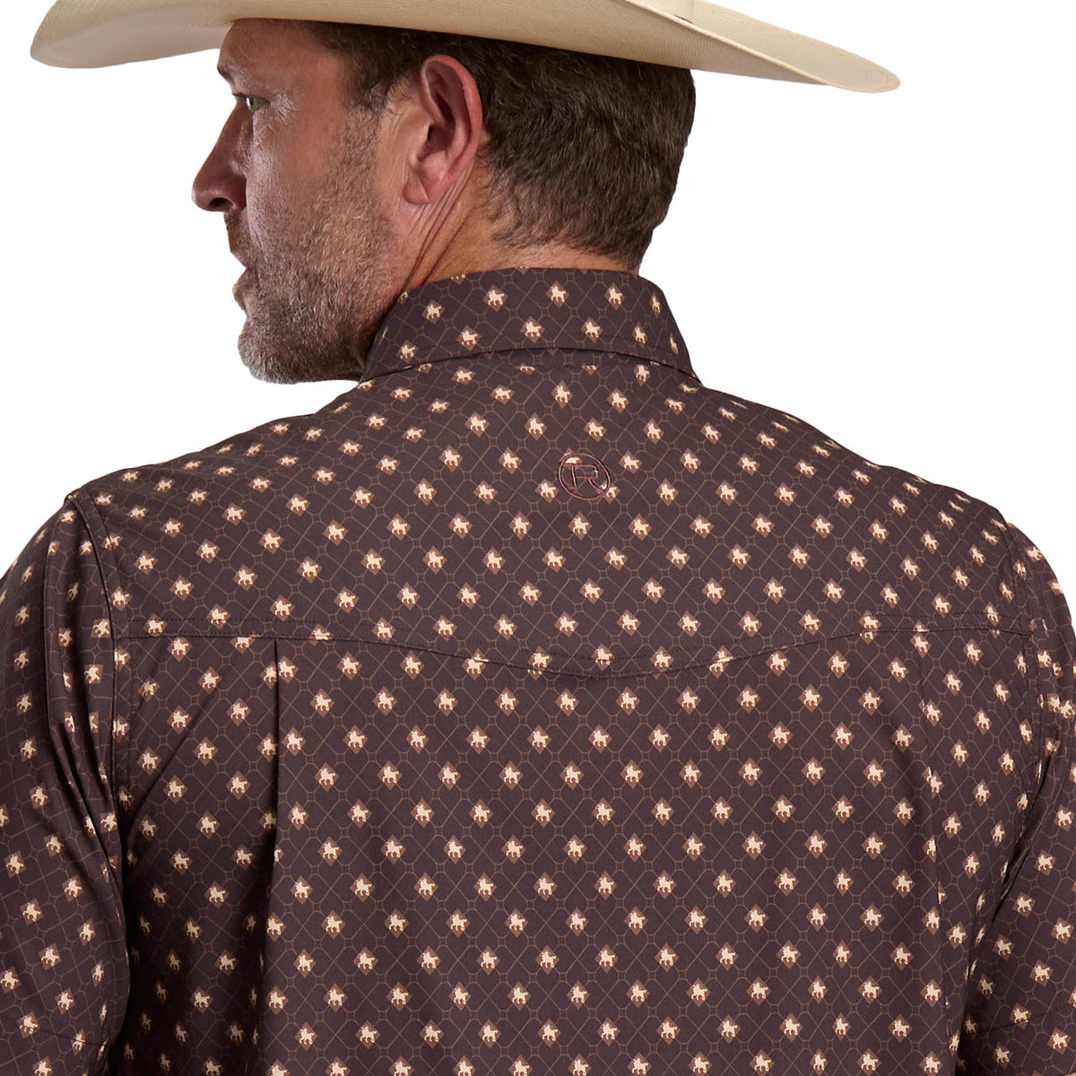 Man wearing a patterned shirt and cowboy hat on a white background