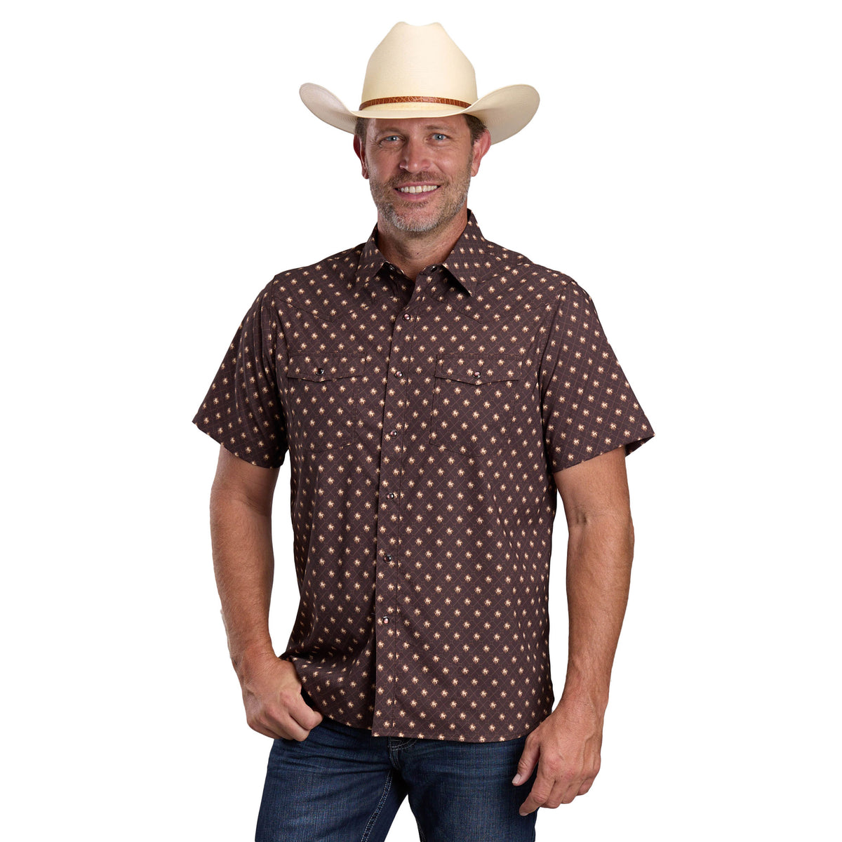 Man wearing a brown patterned shirt and white cowboy hat on a white background