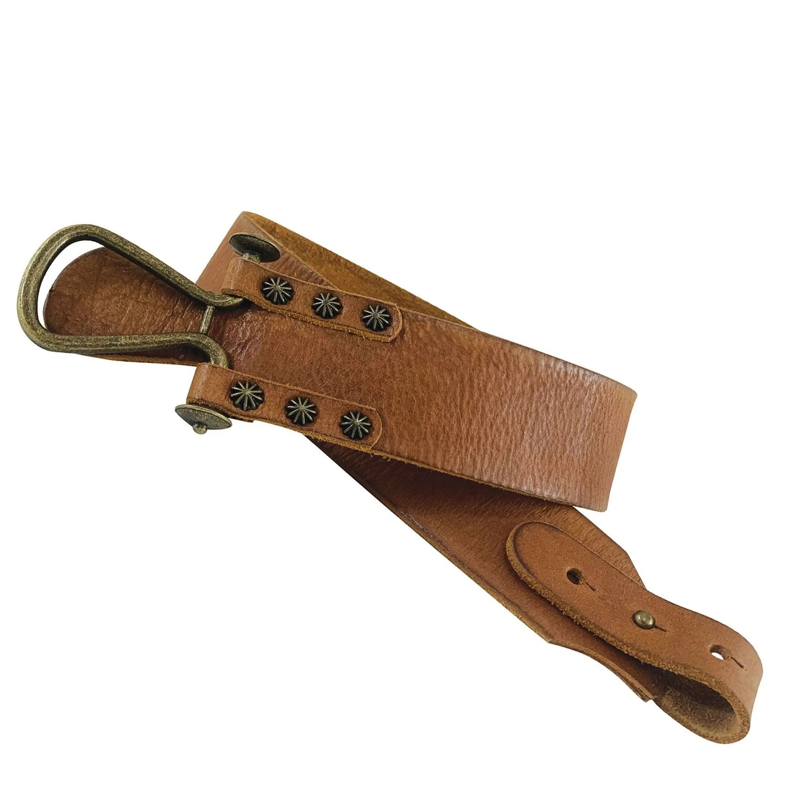 Brown leather belt with decorative studs on a white background