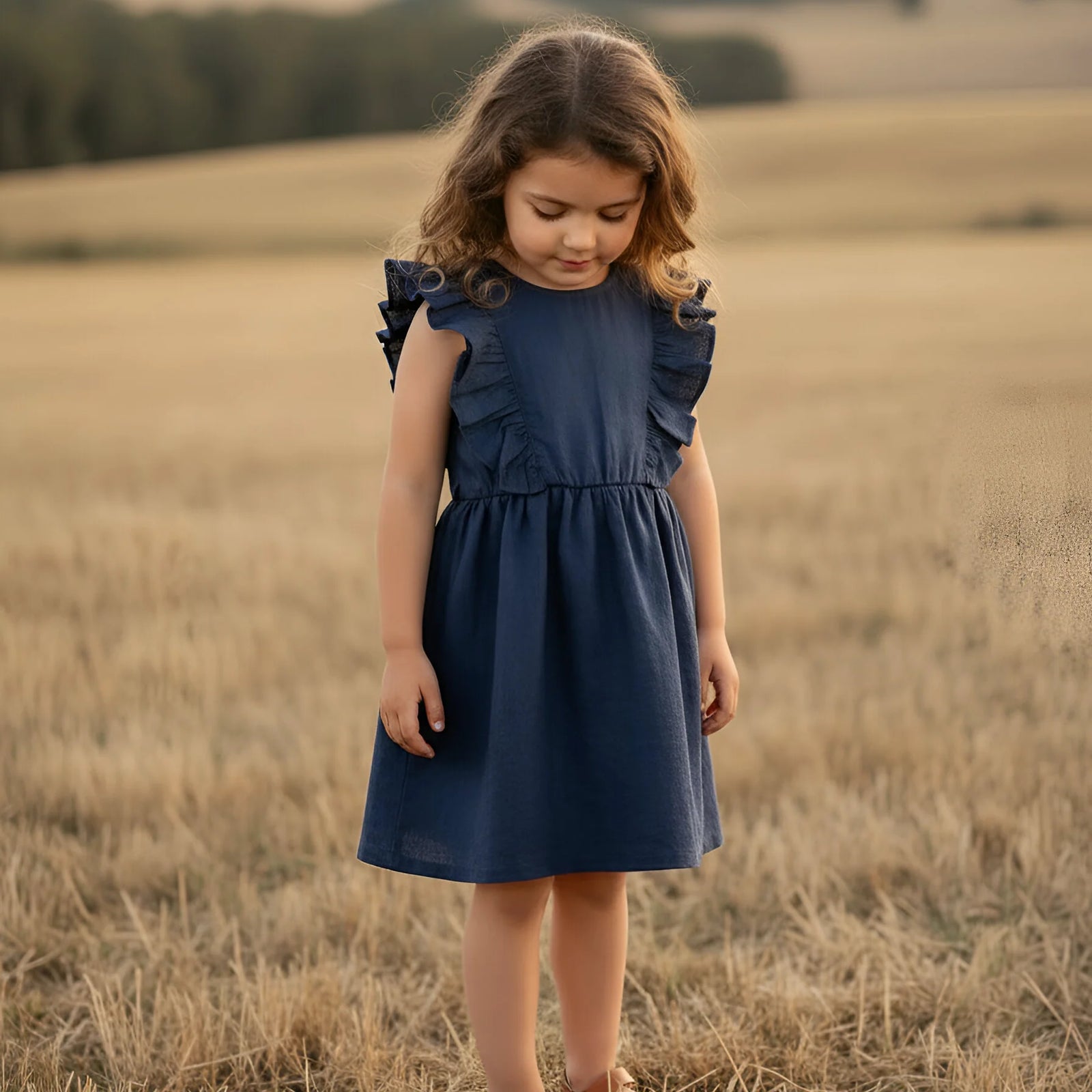 A young girl with long brown hair stands in a dry grass field wearing a navy blue dress with ruffled cap sleeves.