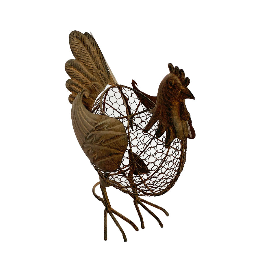 Decorative Chook Egg Basket. Decorative metal rooster sculpture on a white background