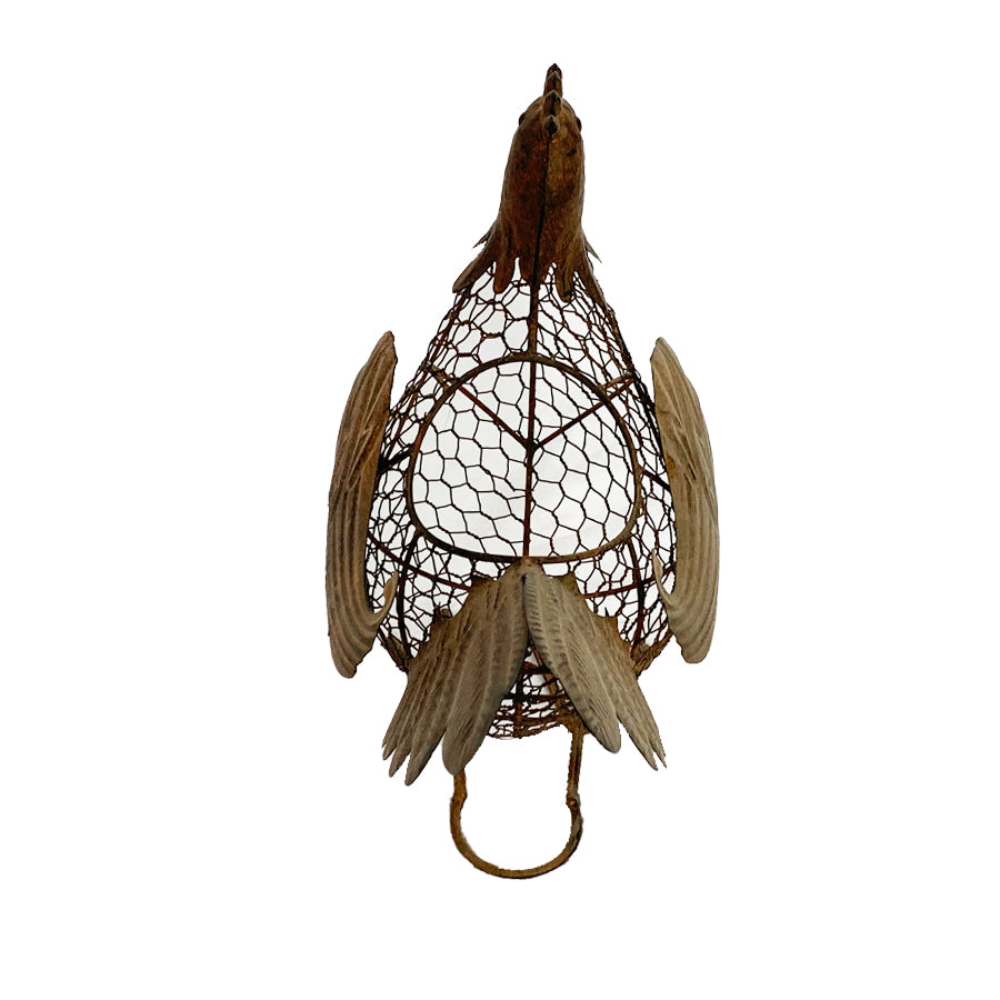 Decorative Chook Egg Basket. Decorative wall art in the shape of a bird with wire mesh body on a white background
