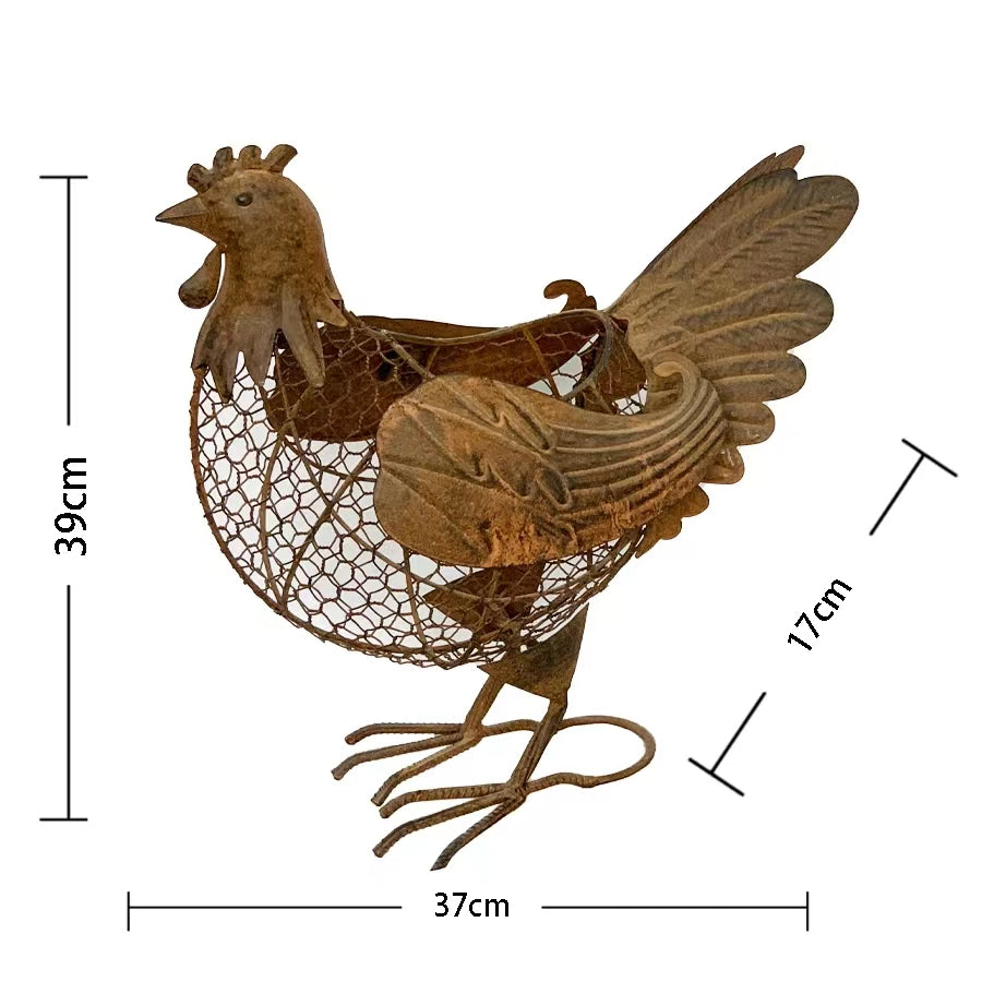 Decorative Chook Egg Basket. Decorative metal rooster with dimensions on a white background