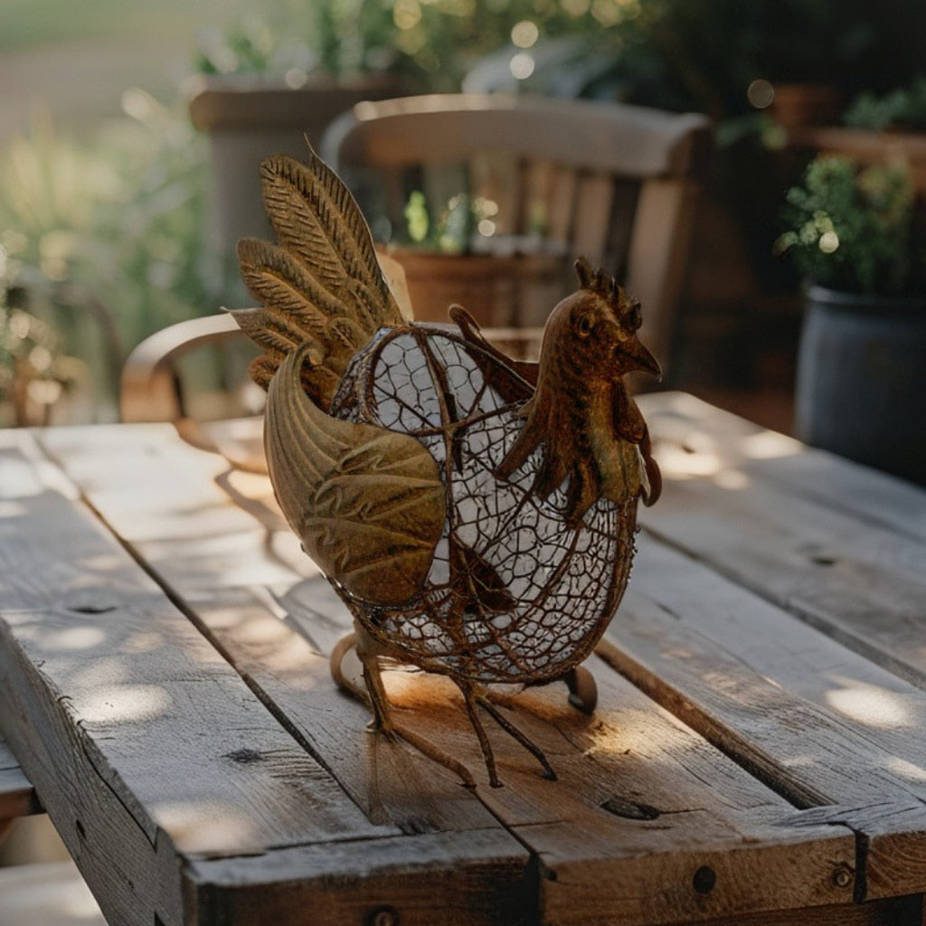 Decorative Chook Egg Basket. Decorative metal chicken sculpture on a wooden table outdoors
