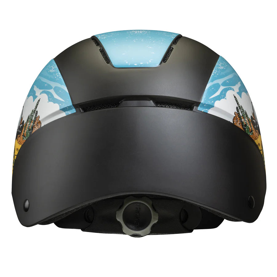 Troxel Spirit Bucking Bronc Helmet. Black helmet with a colorful design on a white background
