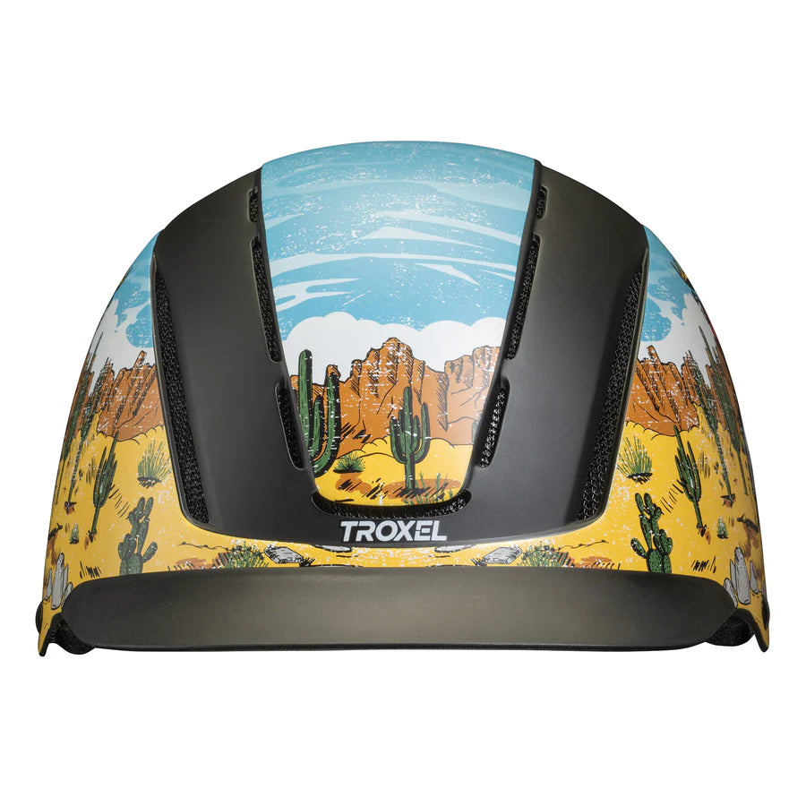 Troxel Spirit Bucking Bronc Helmet. Horse helmet with desert landscape design and 'Troxel' branding on a white background