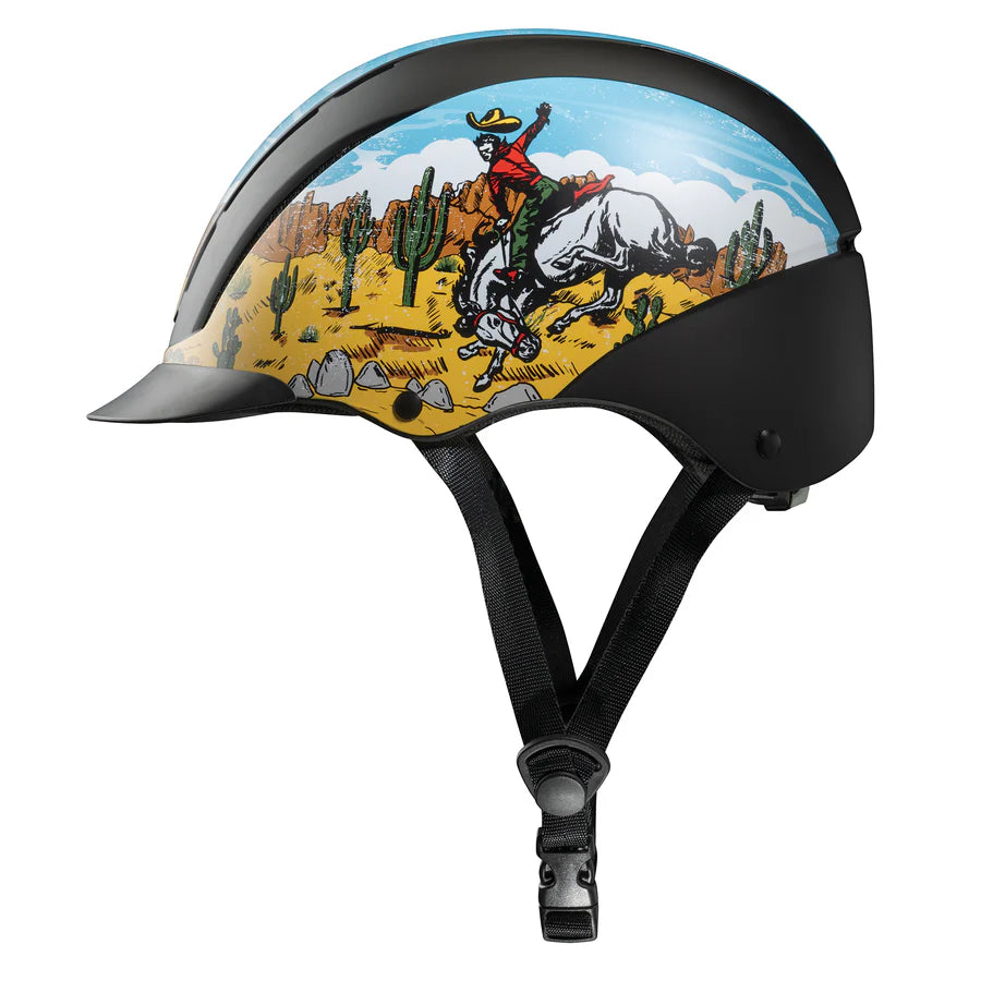 Troxel Spirit Bucking Bronc Helmet. Helmet with a desert-themed design featuring a cowboy on a horse, cacti, and mountains.