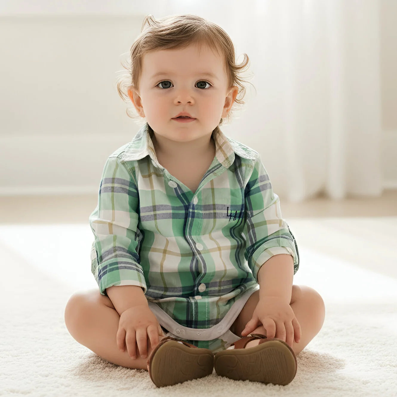 Baby sitting on a white carpet wearing a green plaid shirt.