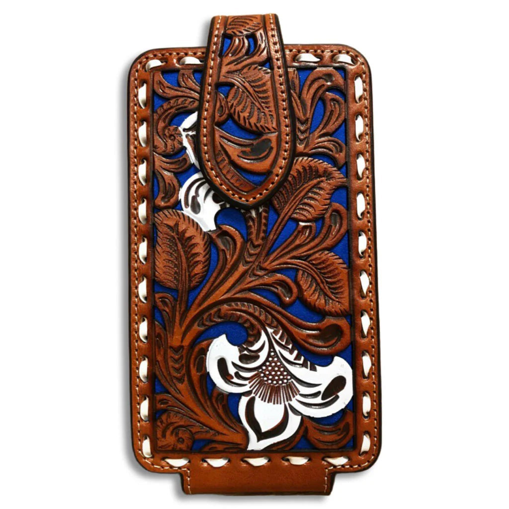 Nocona Tooled Cell Case. Brown leather phone case with intricate designs on a white background