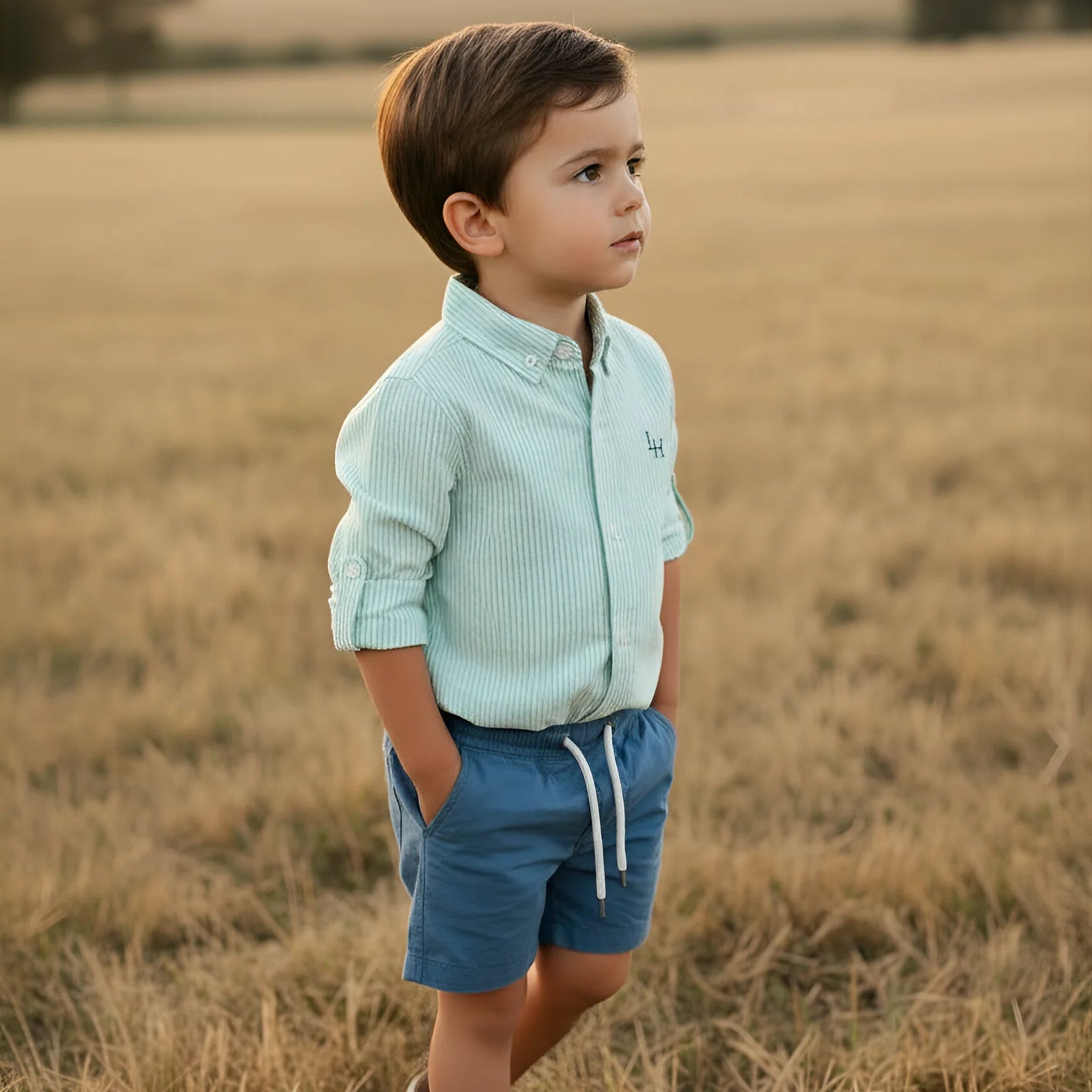A young boy standing in a dry grass field, wearing a light mint green vertically striped button-down shirt and blue shorts with a white drawstring.