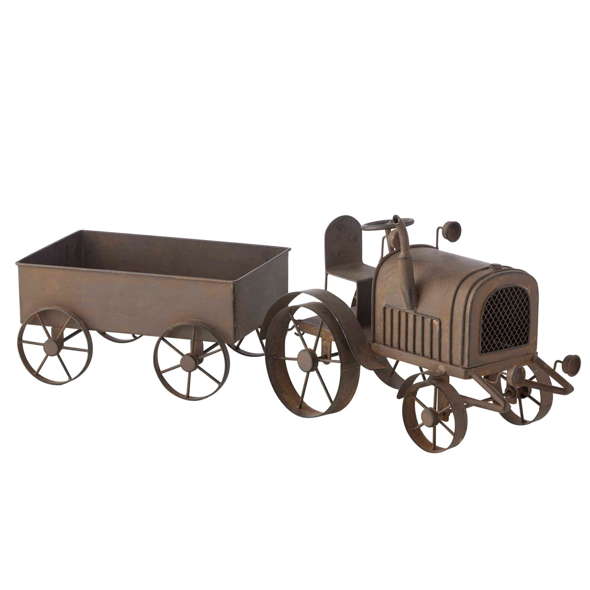 Metallic toy truck with a trailer on a white background